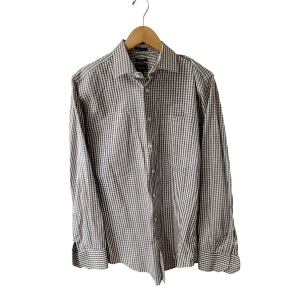 Neiman Marcus Mens Brown & White Gingham Cotton Trim Fit Dress Shirt Size 15.5 3 - Picture 1 of 4